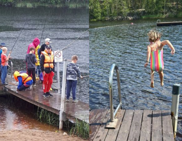 Kollaasi kuva lapsista onkimassa ja uimassa laiturilla.